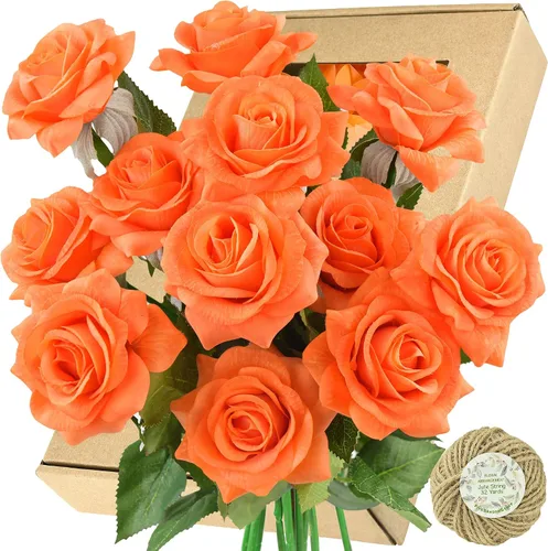 Vista 27 de FiveSeasonStuff 12 tallos de flores artificiales azul hielo, rosas de seda de tacto real para decoración de boda, en caja de regalo Azul helado