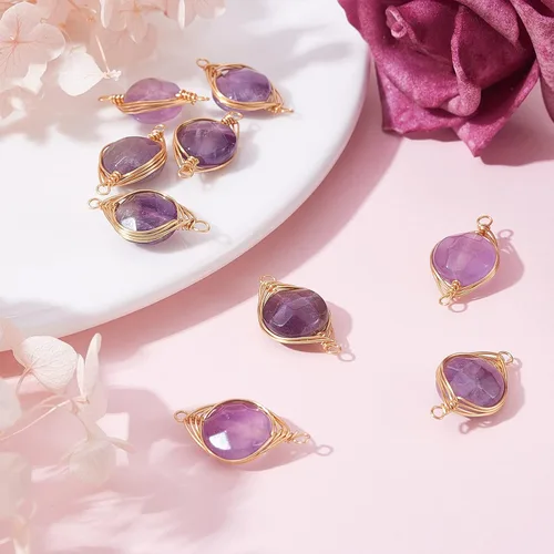 Vista 6 de LiQunSweet 10 piezas de eslabones de piedras preciosas de cristal de amatista natural, enlaces envueltos en alambre con alambres de latón dorado