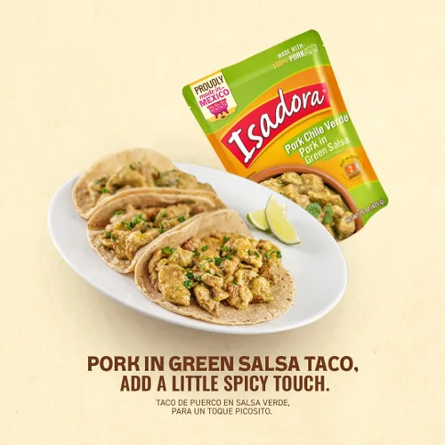 Vista 3 de Isadora Chile Verde de cerdo totalmente cocido, bolsa de 15 onzas, comida mexicana auténtica lista para comer, cerdo en salsa verde, calor medio