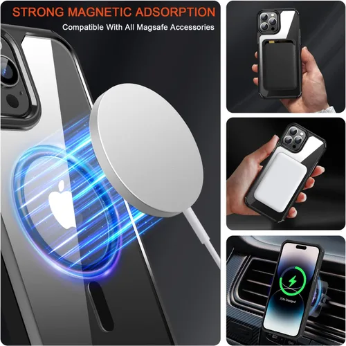 Vista 4 de TENDLIN Funda magnética compatible con iPhone 14 Pro Max [compatible con MagSafe] funda protectora transparente de parte trasera dura suave (negro)