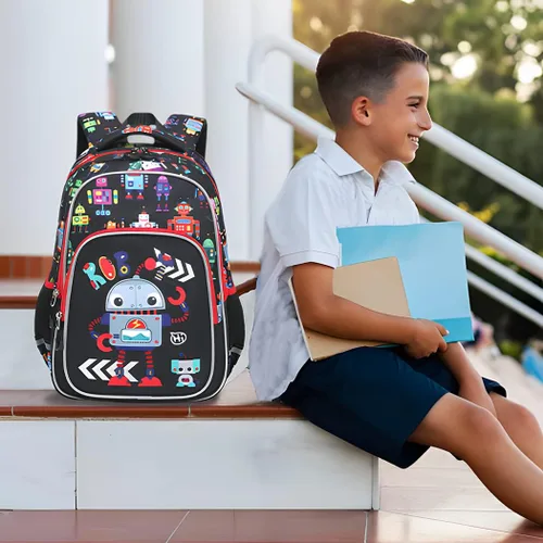 Vista 6 de Moonmo Mochila para niños para preescolar primaria, gran capacidad con múltiples compartimentos, mochila escolar ligera, negro, (Black Robot)