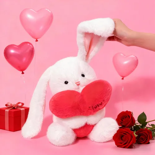 Vista 6 de Ditucu Love Bunny - Peluche de conejo con soporte de corazón rojo de 9.8 pulgadas, lindo conejo de peluche suave, juguetes románticos y dulces
