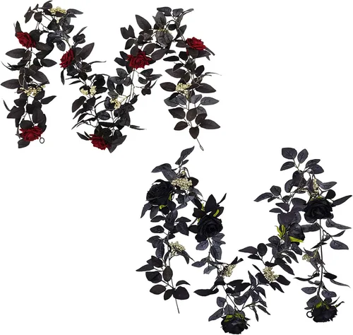 Vista 6 de Guirnalda artificial de seda negra de 5.9 pies para Halloween, flores artificiales de seda con hojas, flores decorativas artificiales para colgar