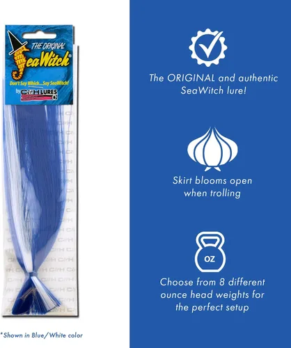 Vista 3 de C&H Lures Señuelos de Pesca Sea Witch - Originales Desde 1959, Faldas de Nylon Revelan Cabeza con Peso, 15 Colores, 8 Pesos de Cabeza, Señuelo