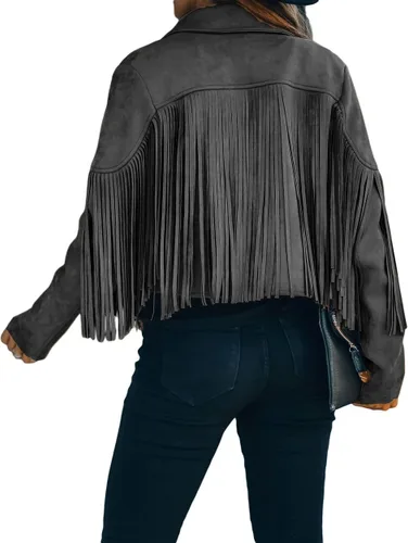Vista 2 de Chartou - Chaqueta de moto de gamuza sintética con flecos de borla cortados y elegantes para mujer