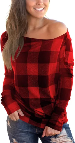 Vista 4 de Deqiang blusa holgada informal de manga larga, con hombros descubiertos para mujer, a cuadros.