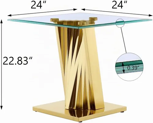 Vista 2 de Mesa auxiliar de cristal dorado, mesa auxiliar cuadrada moderna de 24 pulgadas para sala de estar