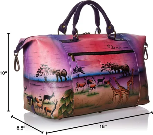 Vista 7 de Anna by Anuschka Bolso de viaje grande de cuero pintado a mano para mujer - Serengeti Sunset