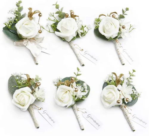 Vista 13 de Ling's Moment Boutonniere para Hombres Boda, Juego de 6, Novio y Padrinos Boutonniere para Boda Regreso a Casa Halloween Ceremonia Aniversario, Cena