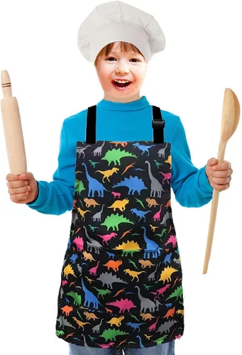 Vista 4 de Delantal de Dinosaurio para Niños Varones con Bolsillo, Delantales de Unicornio para Niñas para Cocinar, Pintar, Delantal de Cocina para Niños de 3