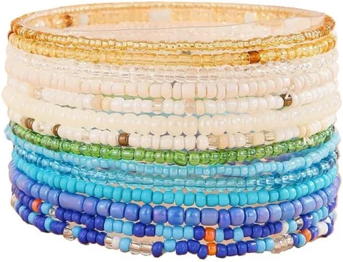 Vista 10 de Fuqimanman2020 18 piezas de pulseras apilables con cuentas estilo boho para mujer, conjunto de tobilleras de cuentas de arroz multicapas coloridas