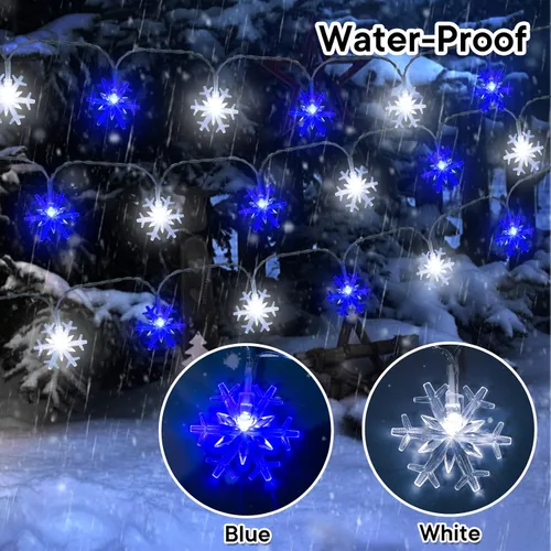 Vista 4 de FUTUREPLUSX - Guirnalda de luces de copo de nieve de 9.8 pies, luces de copo de nieve de Navidad azules y blancas, funciona con pilas, impermeable