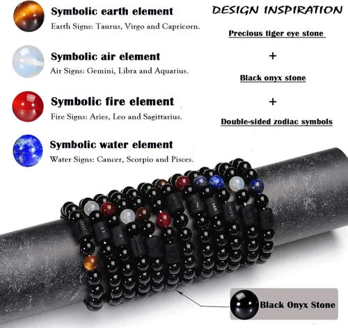 Vista 5 de VLINRAS - Pulsera de signo del zodiaco, para hombre y mujer, de 0.315 y 0.394 pulgadas, ónice negro natural, signo de estrella, constelación