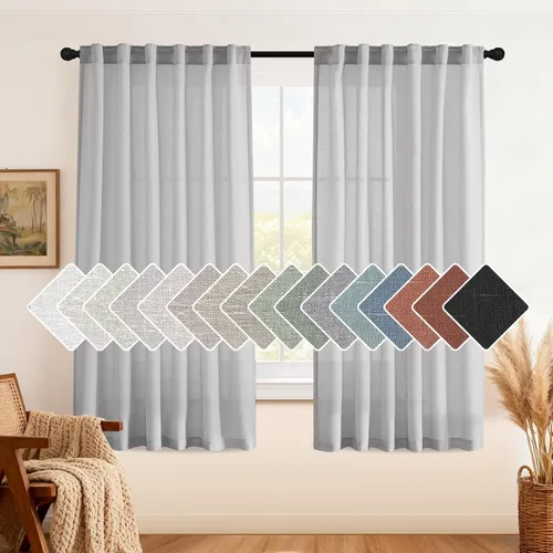 Vista 43 de H.VERSAILTEX Cortinas de lino natural de 63 pulgadas de largo para sala de estar, 2 paneles con trabillas traseras y bolsillo, texturizadas