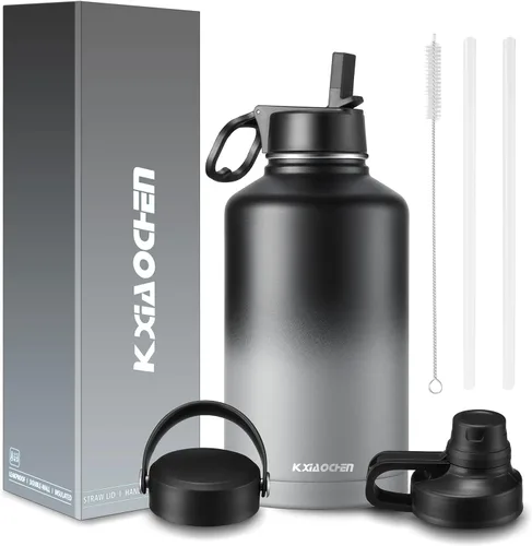 Vista 38 de KXIAOCHEN Botella de agua aislada, botella de agua de acero inoxidable, 2 tapas (con pajilla y tapa con asa), botellas de agua metálicas de boca