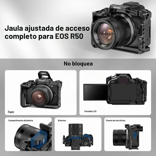 Vista 4 de NEEWER Jaula para cámara R50 compatible con Canon EOS R50, plataforma de video de aluminio con riel NATO, roscas de 1/4", agujeros ARRI de 3/8