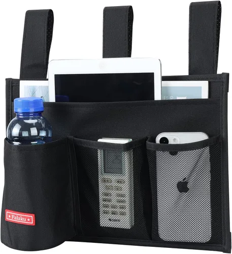Vista 8 de Organizador colgante para mesita de noche, organizador de cabecera para rieles de cama (4 bolsillos, negro)