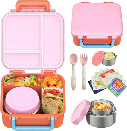 Vista 9 de Lonchera Bento para niños con contenedor térmico de sopa de 9 onzas, a prueba de fugas, 4 compartimentos con tarro de comida caliente aislado