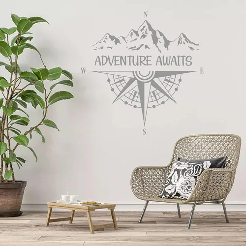 Vista 3 de Calcomanías de pared de brújula Adventure Awaits - Calcomanías de pared de vinilo para decoración de pared de dormitorio, sala de estar, Y46 (gris)