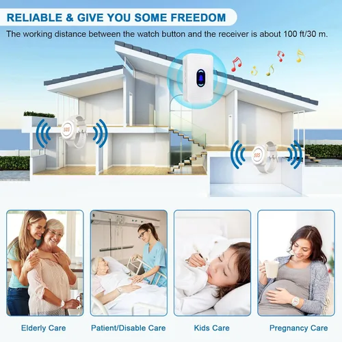 Vista 6 de Daytech Botón de llamada inalámbrico del localizador del cuidador para ancianos en el hogar Sistemas de alerta de vida para personas mayores