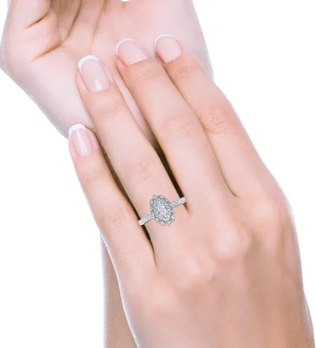Vista 6 de Blue Apple Co. Anillo de compromiso de boda marquesa de estilo vintage Art Deco de plata de ley 925 con circonita cúbica de imitación redonda