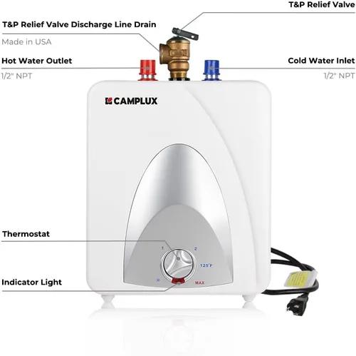 Vista 5 de CAMPLUX - Calentador de agua eléctrico de tanque de 1.3 galones debajo del fregadero, agua caliente instantánea para RV, cocina, camión