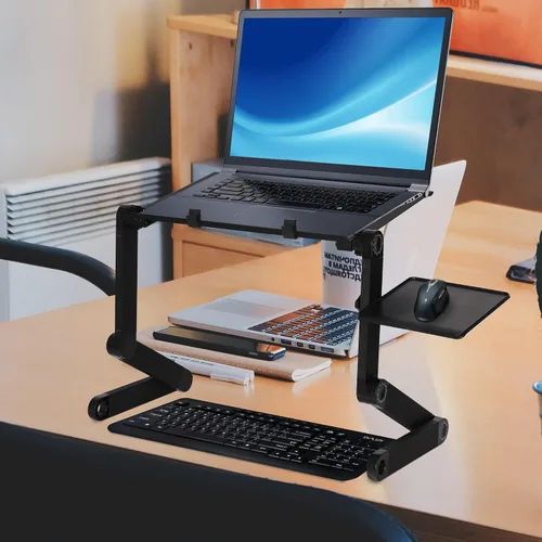 Vista 6 de Escritorio plegable de aluminio para laptop, soporte de mesa portátil ajustable con alfombrilla para mouse, escritorio ergonómico para cama y sofá