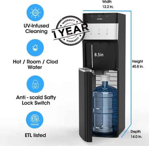 Vista 7 de Dispensador enfriador de agua con carga inferior autolimpiante para botellas de 3-5 galones, agua fría, caliente y a temperatura ambiente