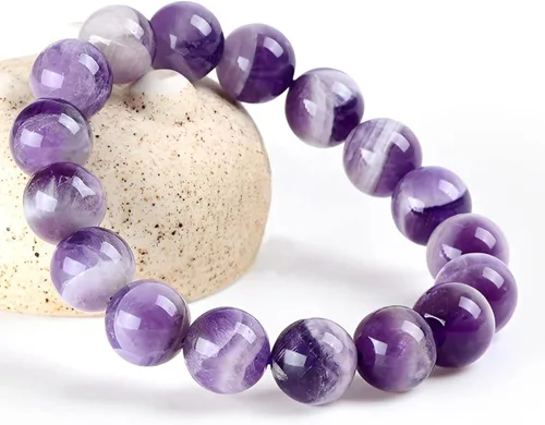 Vista 3 de OLARCU Pulsera elástica ajustable unisex con cuentas de cristal de amatista y poder curativo natural de 7 pulgadas, unisex.