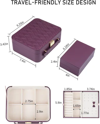 Vista 5 de V-LAFUY Joyero con bandeja extraíble, joyero para mujeres y niñas, 2 capas portátil, organizador de joyas, estuche de almacenamiento con estuche