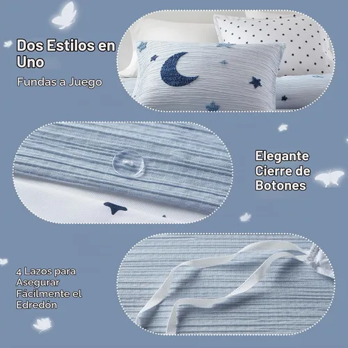 Vista 5 de Intelligent Design Kids Cosmos Juego de Edredón Tamaño Twin – Chenilla Tufted con Estrella Azul y Luna, Ropa de Cama Reversible de 2 Piezas