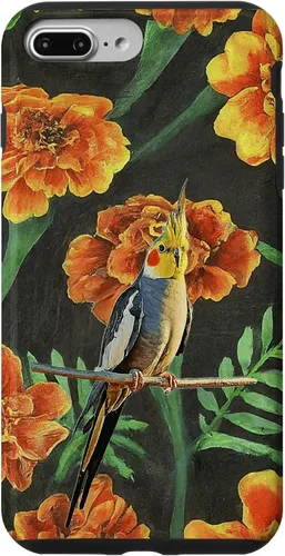 Vista 9 de iPhone 15 Cockatiel Orange Yellow Marigolds Vintage Flower Pattern Case