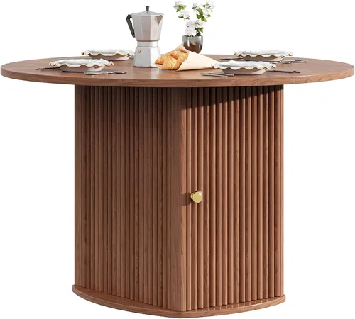 Vista 8 de Mesa de comedor redonda para 4-6 personas, mesa de cocina de granja de 47.24 pulgadas con base acanalada con patrón de ondas, juego de mesa