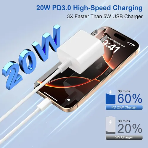 Vista 8 de Cargador para iPhone de carga rápida de 20 W, paquete de 3 con cable USBC a USBC de 6 pies iPhone 17 Charger for Home, Office & Travel, USB C