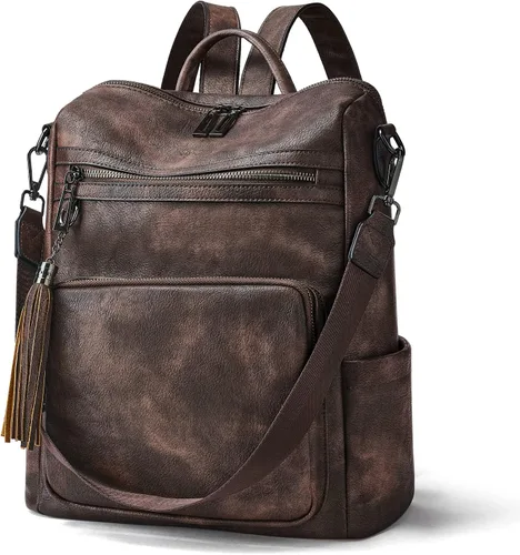 Vista 49 de OPAGE - Mochila de cuero para mujer, con borla de moda, bolso de hombro, mochila grande, bolsa de viaje, gris, L