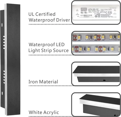 Vista 2 de Lámpara de pared LED moderna de tira larga para exteriores, aplique de pared rectangular, negro, elegante acrílico blanco esmerilado, IP65