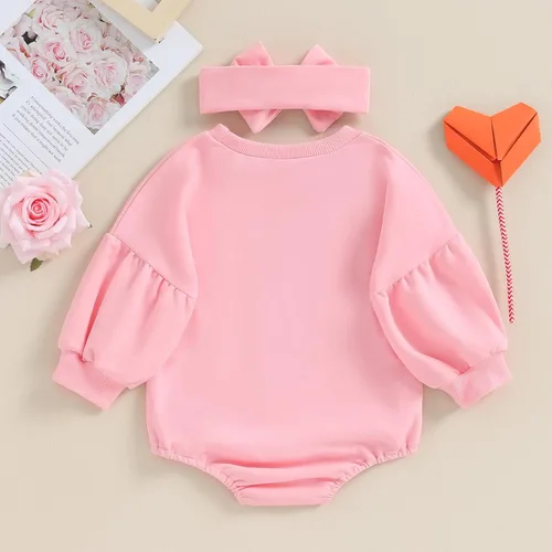 Vista 34 de Traje de bebé niña para el primer día de San Valentín, mameluco de burbujas con cuello redondo, sudadera linda para primavera y otoño