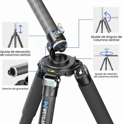 Vista 3 de Trípode horizontal de fibra de carbono WEYLLAN LX9 Trípode resistente para cámara, trípode de cámara profesional superior con brazo de extensión