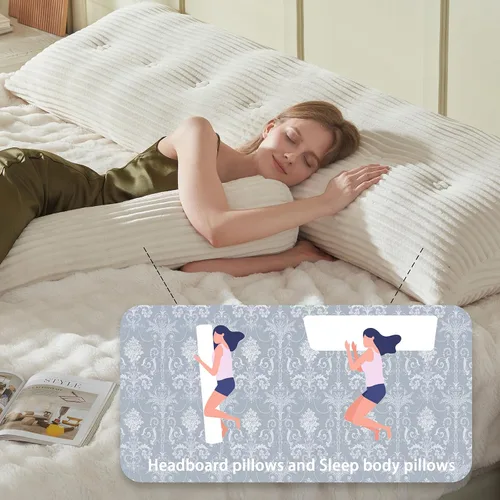 Vista 3 de Almohada de Cuña para Cabecero + Una Almohada Larga de Rollo para el Cuello Almohada Corporal, Almohada Grande de Cabecero con Funda Removible Beige