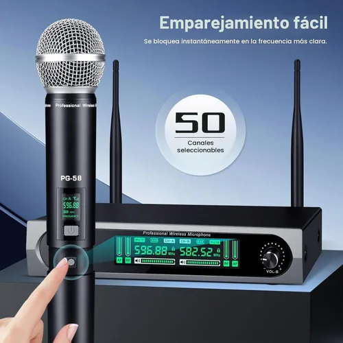 Vista 4 de GDPONRM Sistema de micrófono UHF inalámbrico, con 2 dispositivos de mano, escaneo automático, frecuencias UHF de 2 x 50, rango de 200 pies