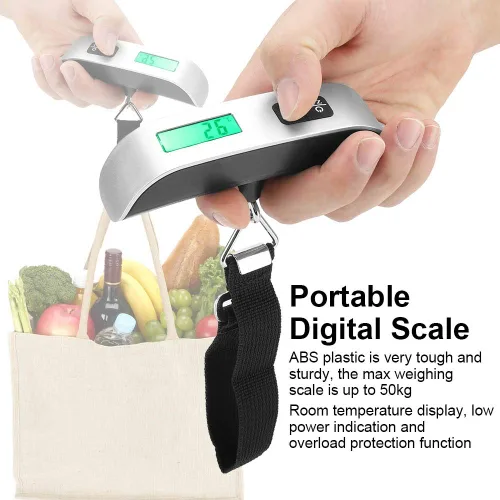 Vista 4 de Báscula de peso portátil digital para equipaje mini tamaño LCD digital digital colgando básculas portátil gancho balanza máxima carga 1102lbs