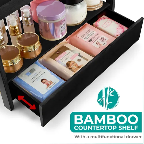 Vista 4 de Sorbus Organizador de encimera de baño de bambú, estante de 2 niveles con cajón oculto para tocador, estación matcha, organizador de fregadero