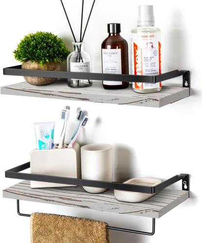 Vista 9 de Estantes flotantes para pared, estantes de baño con toallero, estantes de almacenamiento montados en la pared para cocina, baño, juego de 2 Marrón