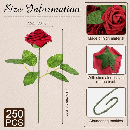 Vista 2 de Sherr 250 rosas artificiales a granel, rosas falsas con tallo, centro de mesa de flores sintéticas para boda, decoración del día de la madre, Borgoña
