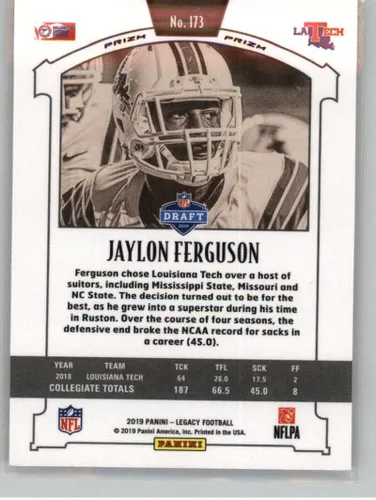 Vista 2 de 2019 Panini Legacy Premium Edition Silver Prizm #173 Jaylon Ferguson Louisiana Tech Bulldogs Rookie Official NFL Football Trading Card in Raw