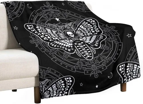 Vista 33 de Manta gótica de franela de polilla abstracta, mágica, bohemia, mariposa, esqueleto, luna, estrellas, manta estética para hombres, mujeres, niñas