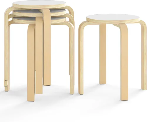 Vista 10 de COSTWAY Juego de 4 taburetes apilables de madera curvada, sillas de mostrador sin respaldo de 18 pulgadas de altura con parte superior redonda