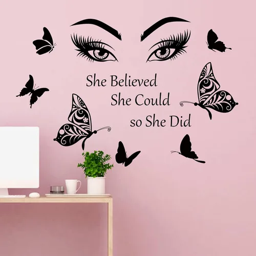 Vista 7 de Calcomanía inspiradora de pared con citas de pestañas, ojos de pared, calcomanías motivacionales de letras de palabras con texto en inglés "She