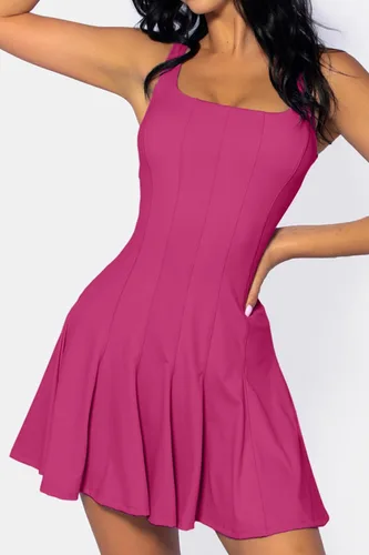 Vista 4 de QINSEN Vestido de tenis sin mangas para mujer con pantalones cortos, cuello cuadrado, acanalado, plisado, vestidos atléticos