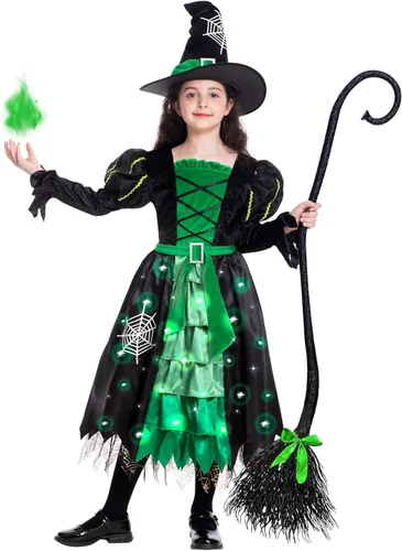 Vista 2 de Witch Halloween Costumes for Girls Toddler Light Up Witch Dress with Witch Broom and Hat for Halloween Kids Cosplay Party